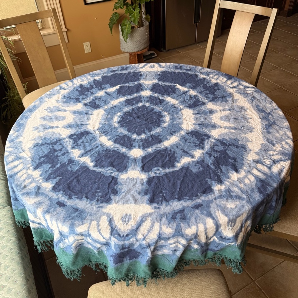 Gypsy 05 Round Fringed Beach Blanket or tablecloth in Blue Tie Dye 66”
